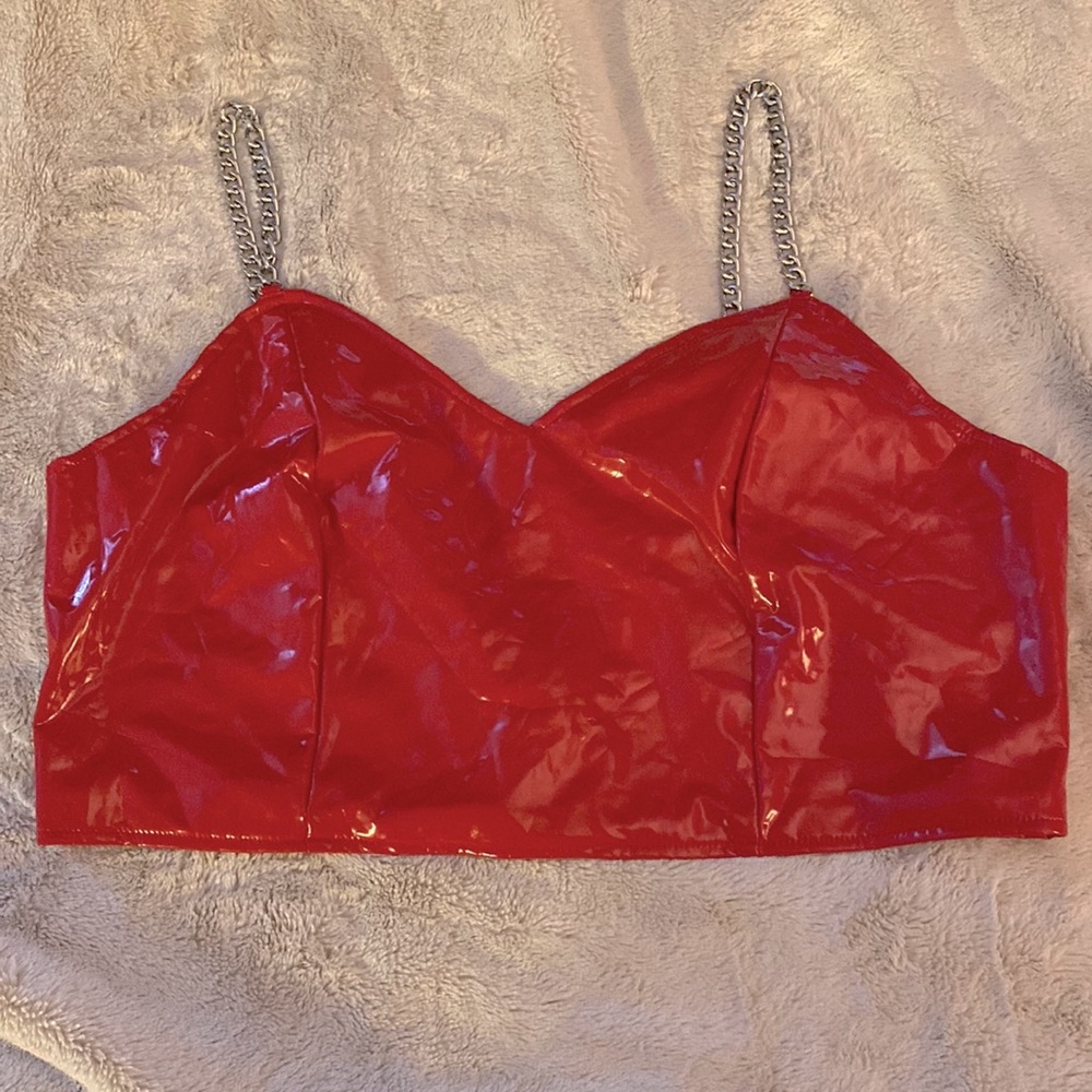 Shein Red vinyl patent leather 2XL crop top silver chain detail  o ring zip back